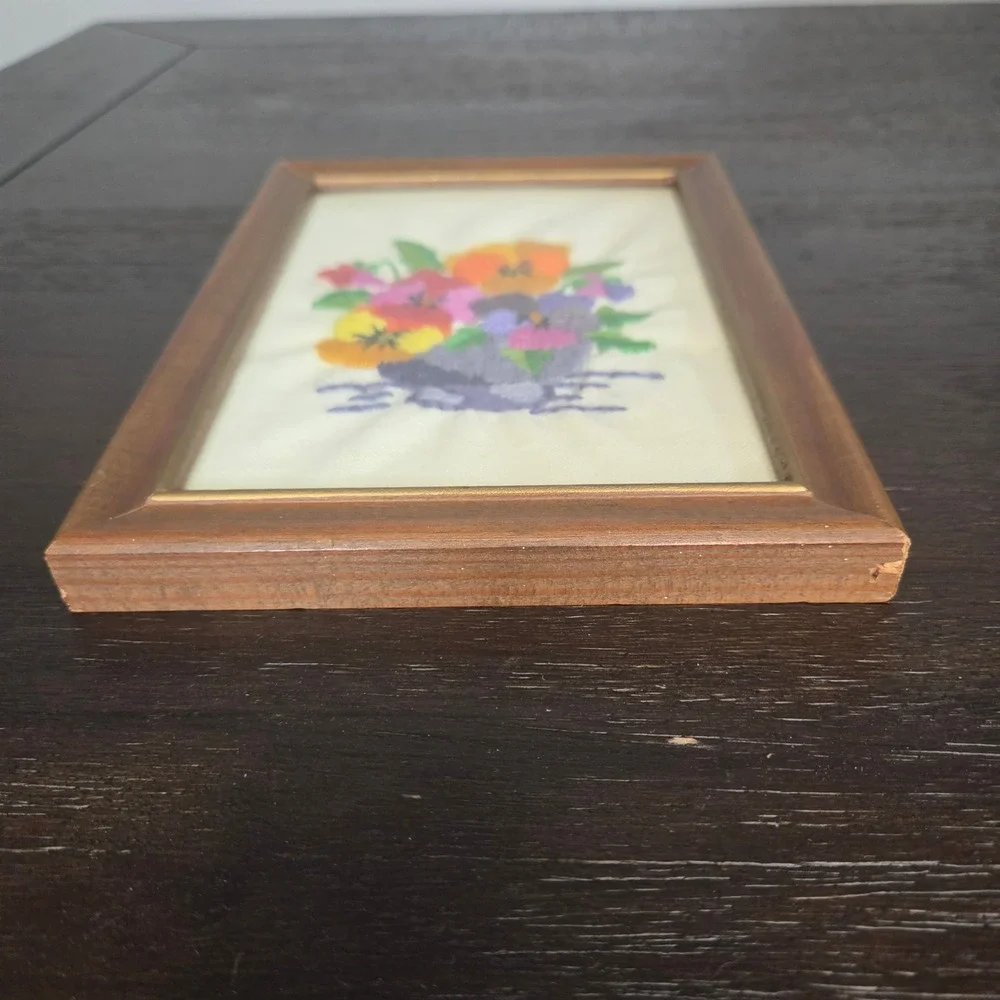 Vintage Framed Hand Embroidered Pansy Floral Needlework Wall Art Cottage Decor